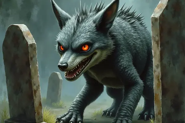 Eine wolfsähnliche Kreatur mit stacheligem Rücken, leuchtend roten Augen und scharfen Zähnen schleicht zwischen zwei Grabsteinen auf einem unheimlichen Friedhof.