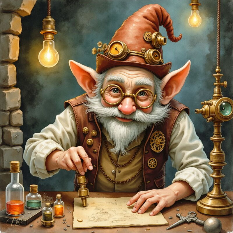 Ein erfinderischer Gnom mit weissem Bart, grossen Ohren und einer mit Zahnrädern verzierten Mütze sitzt an seinem Schreibtisch. Er stempelt eine Pergamentrolle in seiner Werkstatt, die von Glühbirnen und alchemistischen Fläschchen umgeben ist.