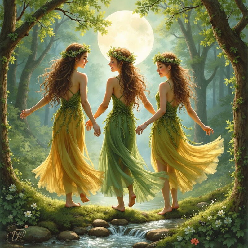 Drei anmutige Nymphen mit Blumenkränzen im Haar tanzen barfuss an einem Waldbach. Sie tragen fliessende, grüne und gelbe Kleider, während im Hintergrund der Vollmond durch die Bäume scheint.