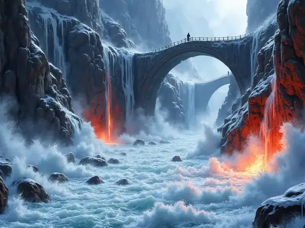 Reißende Fluten am Acheron, wo eisige Wasserfälle und Feuer unter massiven Steinbrücken toben.