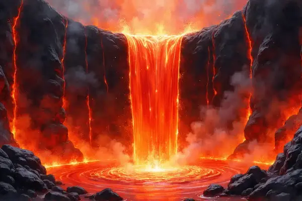 Ein gewaltiger Fall aus Feuer und kochendem Blut stürzt in der Unterwelt hinab und umschließt den dunklen Tartaros.