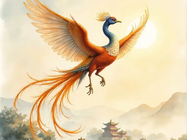 Der Fenghuang gleitet mit orangeroten Schwingen über nebelverhangene Pagoden im Gebirge.