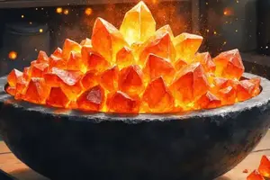Feuersalze in Form von leuchtend orange-roten, schroffen Kristallen, die hoch aufgeschichtet in einer massiven dunklen Steinschale liegen und aus denen leuchtende Funken in das gedimmte Licht einer alten Alchemistenwerkstatt aufsteigen