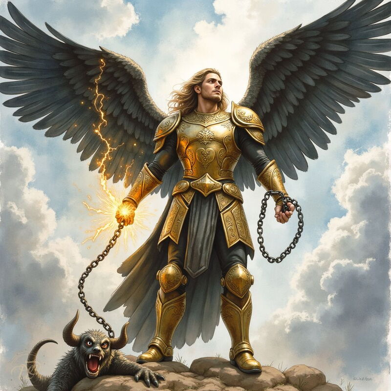 Ein Engel der Gewaltenmit langen blonden Haaren und dunklen Flügeln in goldener Rüstung. Er steht auf einem Felsen, hält ein dämonisches Tier an einer Kette und bändigt es mit einer Kugel aus Blitzenergie.