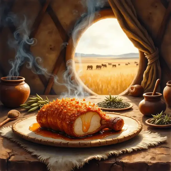 Gebratenes Scythisches Barometz-Lamm mit Honigkruste auf einer Steinplatte