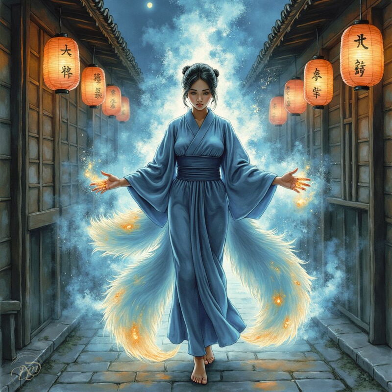 ine Kitsune in Gestalt einer jungen Frau in einem blauen Kimono steht barfuß in einer traditionellen japanischen Gasse bei Nacht. Hinter ihr entfalten sich mehrere leuchtende Fuchsschwänze, während aus ihren Händen goldene Funken magischer Energie strömen