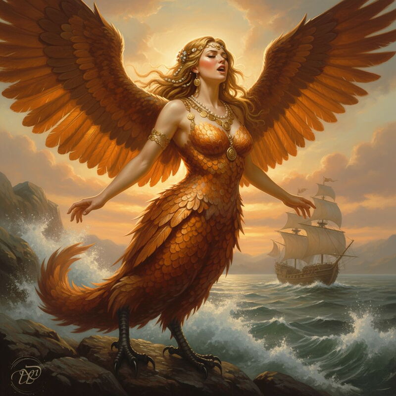 Eine Sirene in der Gestalt einer Frau mit großen, orange-goldenen Flügeln und Vogelbeinen steht singend auf einem Felsen am Meer. Im Hintergrund fährt bei Sonnenuntergang ein historisches Segelschiff auf den tosenden Wellen.