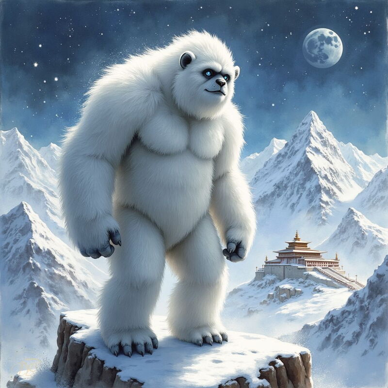 Ein großer, muskulöser Yeti mit weißem Fell und leuchtend blauen Augen steht nachts auf einem schneebedeckten Berggipfel. Im Hintergrund sind die Gipfel des Himalayas, ein Kloster und ein Vollmond am Sternenhimmel zu sehen.