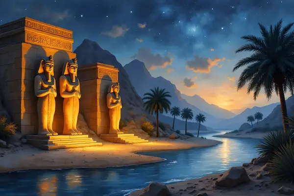 Altägyptischer Tempel am Nil mit riesigen Statuen der ägyptischen Götterwelt im Nebel