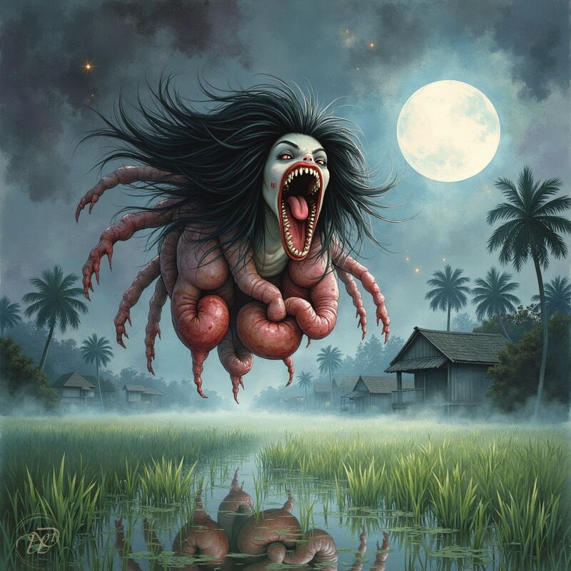 Der schwebende Kopf eines weiblichen Geistes, einer Krasue, mit wilden Haaren und leuchtenden Augen fliegt nachts über ein Reisfeld. Unter dem Kopf hängen blutige Innereien und Organe, während der Mund zu einem Schrei geöffnet ist.