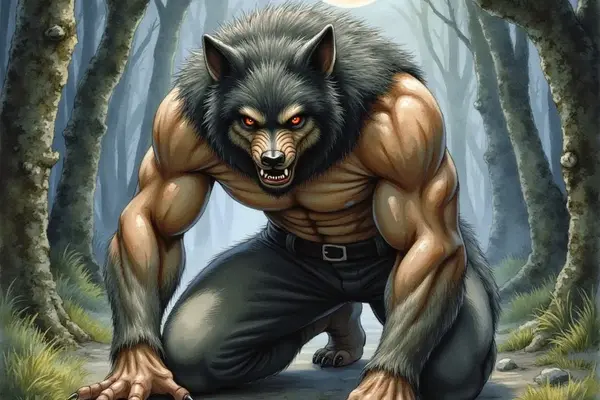 Ein muskulöser Werwolf mit grauem Fell und leuchtend roten Augen kauert in einem Wald auf allen Vieren. Er hat den Kopf eines Wolfes, lange schwarze Krallen und zerrissene Hosen, während hinter ihm der Vollmond scheint.