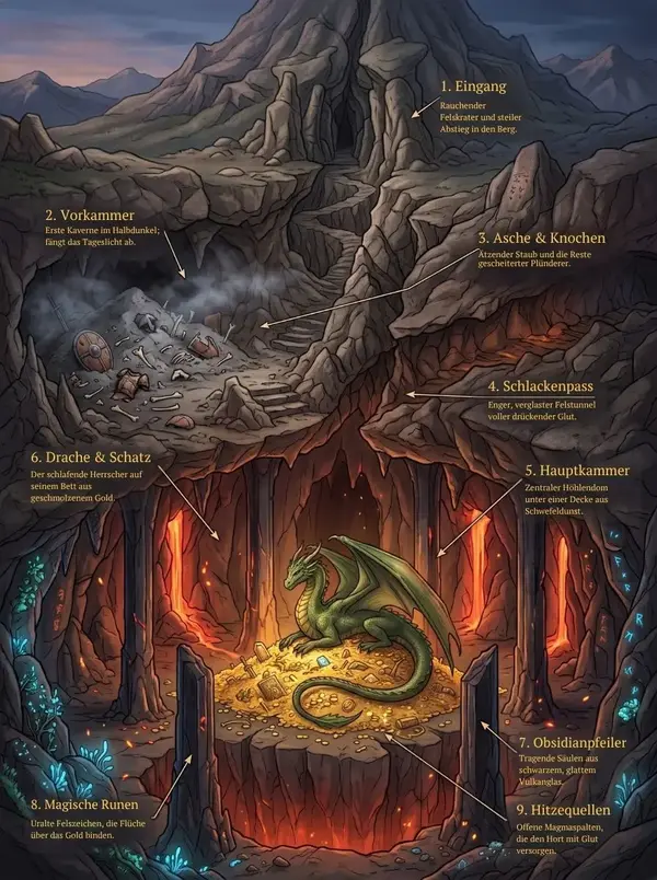 Querschnitt eines Drachenhorts mit schlafendem Drachen auf Goldschatz in Vulkanhöhle.
