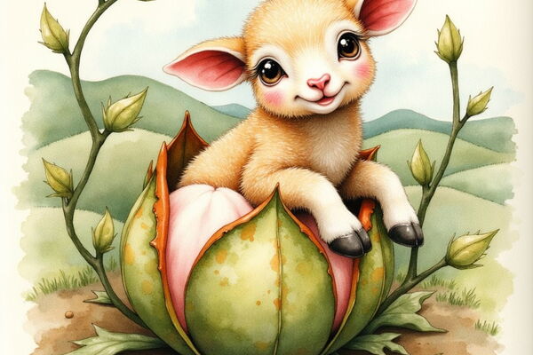 Niedliches, goldfarbenes Fabelwesen, das einem Lamm ähnelt, mit großen, dunklen Augen und schwarzen Hufen. Es sitzt in einer großen, sich öffnenden, grünen Pflanzenknospe, umgeben von Ranken vor einer sanften Hügellandschaft.