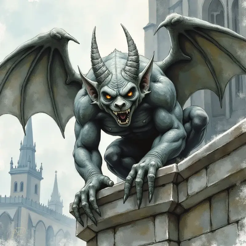 Ein muskulöser, grauer Gargoyle mit Fledermausflügeln und leuchtend orangen Augen kauert auf einer steinernen Mauer einer Kathedrale und fletscht seine spitzen Zähne in die Kamera.
