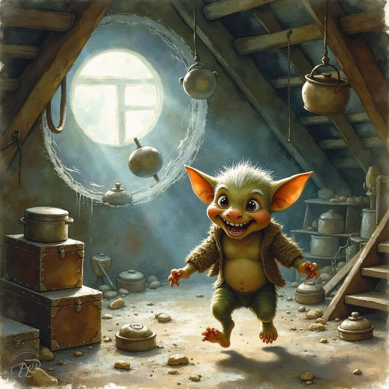 Ein kleiner, schelmisch grinsender Kobold mit grossen Ohren und zotteligem Haar tanzt auf einem staubigen Dachboden. Lichtstrahlen von einem runden Fenster erhellen den Raum, der voller alter Töpfe und Kisten ist.