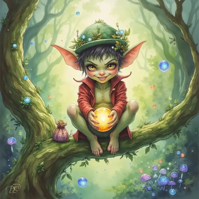 Der Kobold Puck mit grüner Haut, grossen Ohren und einem schelmischen Grinsen sitzt auf einem Baumast. Er trägt eine rote Jacke sowie eine Blätter-Mütze und hält eine leuchtende Kugel in seinen Händen, umgeben von magischen Blasen.