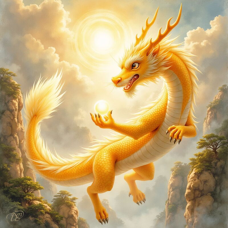 Der goldene chinesische Drache Shenlong schwebt zwischen felsigen Berggipfeln vor der strahlenden Sonne. Er hat einen schlangenartigen Körper ohne Flügel, feine Hörner sowie Barteln und hält eine leuchtende, magische Perle in seiner Klaue.