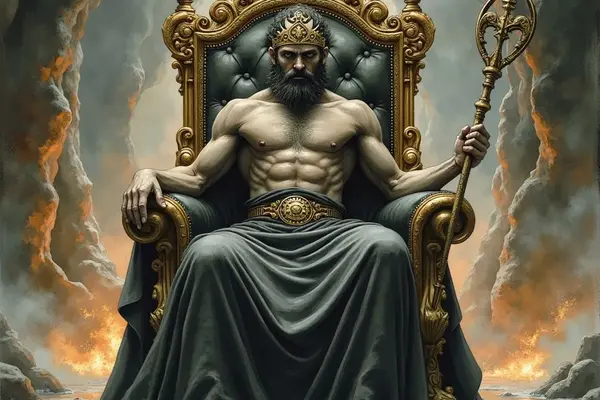 Der finster blickende Gott Hades mit Bart und Krone sitzt mit nacktem Oberkörper auf einem prunkvollen, gold-schwarzen Thron und hält seinen zweizackigen goldenen Zepter in der Hand, während im Hintergrund Feuer und Rauch der Unterwelt aufragen.