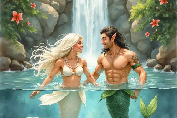 Eine Nixe mit langem blonden Haar und weißem Fischschwanz und ein Nöck (Wassermann) mit dunklen Haaren und grünem Fischschwanz halten sich in einer Grotte vor einem Wasserfall an den Händen. Die Unterwasseransicht zeigt ihre beiden Fischleiber, während si
