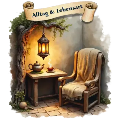 Gemütliche Wohnecke mit Sessel, Teekanne und hängender Laterne an einem gewundenen Baumstamm vor einer Steinwand.