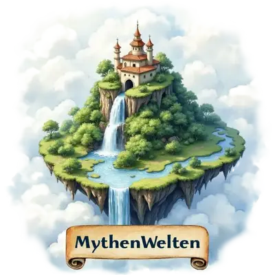 Eine schwebende Insel in den Wolken mit einem Schloss, Wasserfällen, einem Fluss und grünen Bäumen.