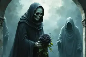 Schattenzug-Fluch dargestellt durch eine unheimliche Skelettgestalt in schwarzer Kutte, die eine dunkle Rose in den knöchernen Händen hält