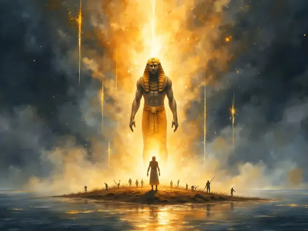 Der ägyptische Sonnengott Re erhebt sich leuchtend aus einem schwarzen Urgewässer und weint Tränen, aus denen Menschen wachsen.