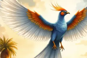 Benu, der heilige Vogel mit blauem Körper, weiß-orangen Flügeln und einer feurigen Krone, der majestätisch am Himmel fliegt