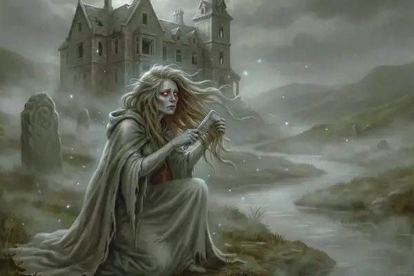 Eine hell leuchtende, geisterhafte Banshee kniet trauernd an einem nebligen Flussufer und kämmt ihr langes Haar, während ihre Augen rot glühen.