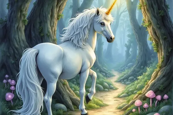 Ein majestätisches, weisses Einhorn mit langem, wallendem Haar steht auf einem Waldweg. Sein goldenes Horn erleuchtet hell einen Pfad durch den Zauberwald. Am Wegesrand wachsen leuchtend pinke Pilze.