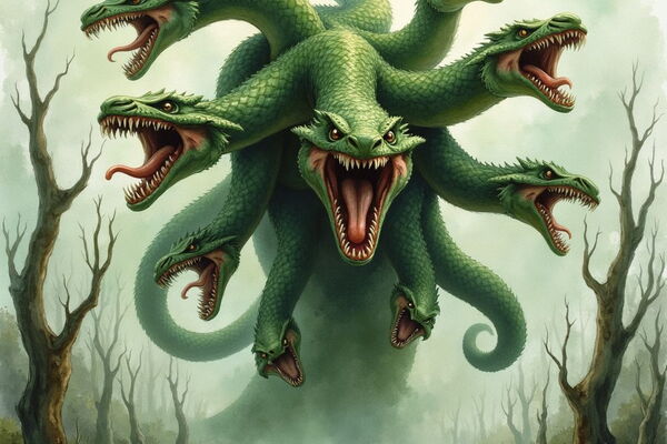 Eine schuppige, grüne Hydra mit neun schlangenartigen Köpfen und leuchtend roten Augen erhebt sich aus einem nebligen Sumpf. Alle Mäuler des Monsters sind weit aufgerissen und zeigen spitze Zähne und rote Zungen in einer aggressiven Pose.