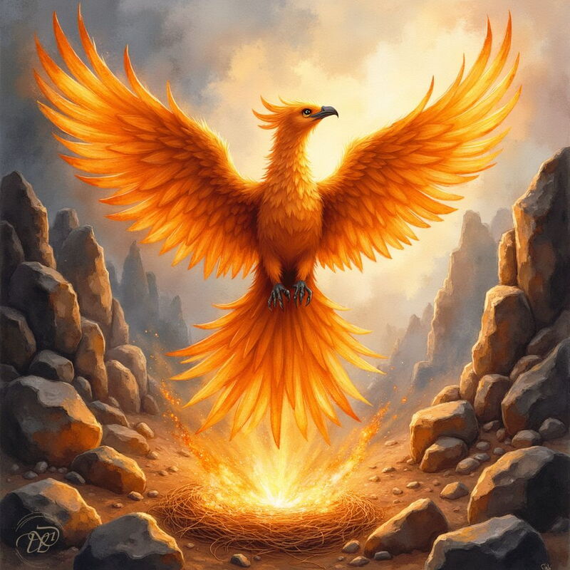 Ein majestätischer, orangeroter Phönix mit weit ausgebreiteten, leuchtenden Flügeln steigt aus seinem brennenden Nest aus Glut und Asche in einer felsigen Schlucht empor.