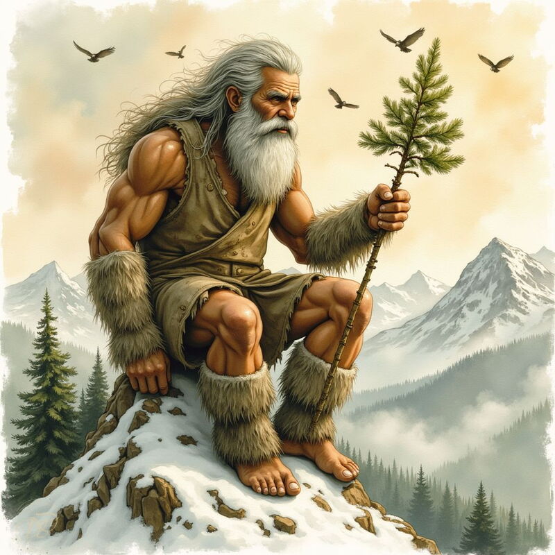 Ein alter, muskulöser Riese mit langem, weissem Bart und Haar sitzt barfuss auf einem schneebedeckten Berggipfel. Er trägt Kleidung aus Fell und hält eine junge Tanne wie einen Wanderstab in der Hand, während Vögel um ihn kreisen.