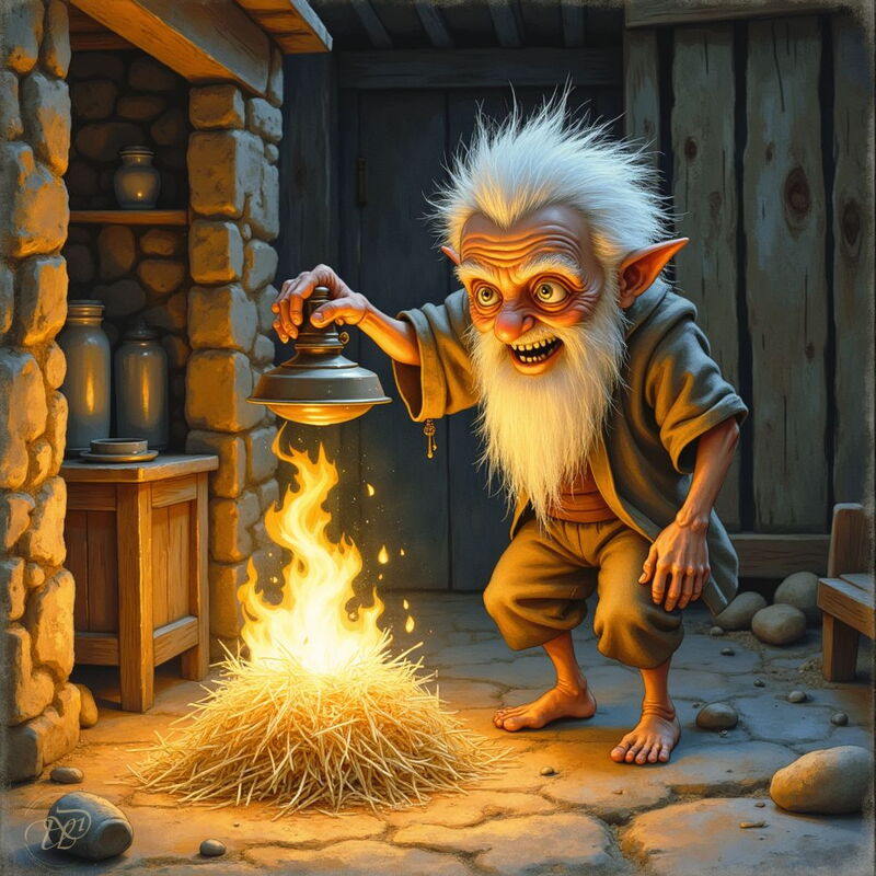 Ein wild aussehender Schrat mit spitzem Bart, wirren weissen Haaren und manischem Grinsen entzündet mit seiner Laterne einen Haufen Stroh. Die barfüssige Kreatur hockt in einer rustikalen Hütte oder einem Stall.