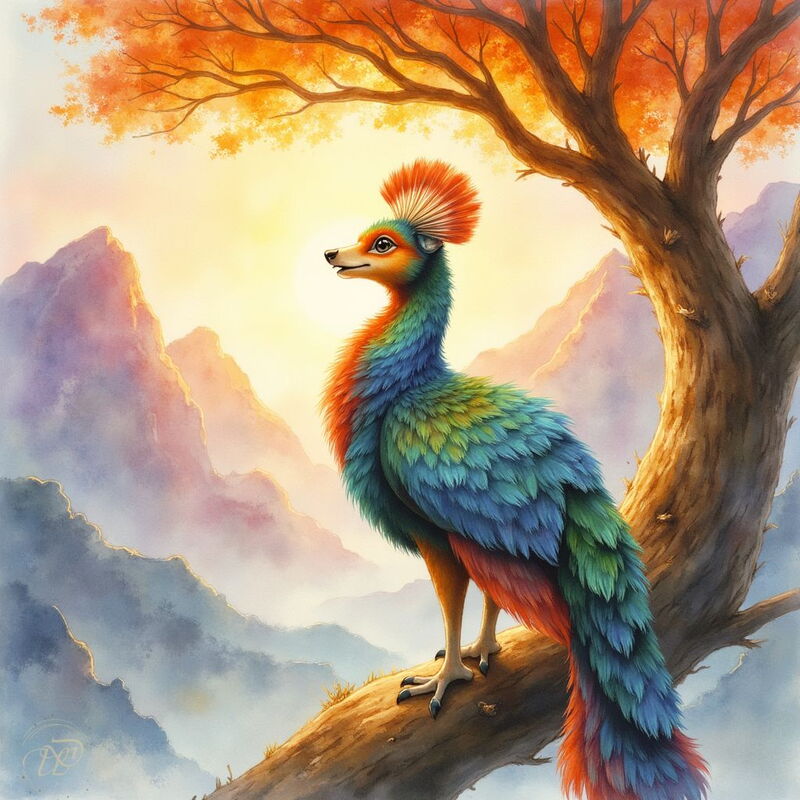 Der Simurgh, ein mythischer Vogel mit dem Kopf eines Hundes und prächtigen, bunten Federn, sitzt auf dem Ast eines Baumes. Er blickt weise über eine neblige Gebirgslandschaft, die von der aufgehenden Sonne in warmes Licht getaucht wird.