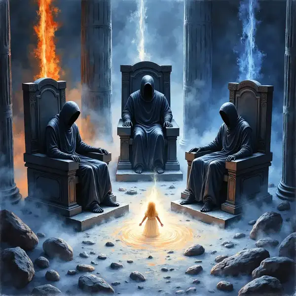 Drei riesige Richter der Unterwelt urteilen über eine leuchtende Seele vor dem Hintergrund von Feuerflüssen und Elysius.