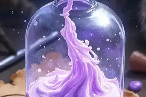 Grabspinnen-Gift in einer klaren Glasphiole, gefüllt mit einer magisch leuchtenden violetten Flüssigkeit, aus deren Mitte sich eine zähe, helllila Substanz wie ein wogender Nebel oder Tentakel nach oben windet