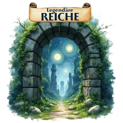 Ein steinerner Rundbogen bewachsen mit Moos öffnet den Blick auf eine antike Säulenstadt unter drei Vollmonden.