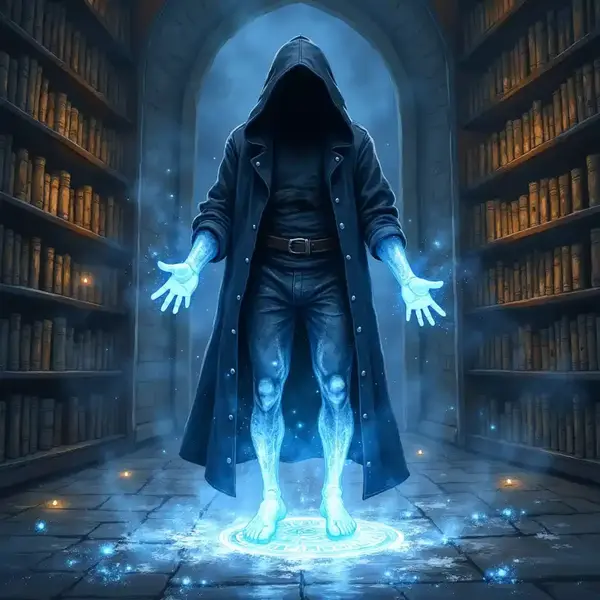 Ein Magier wirkt den Zauber der Unsichtbarkeit in einer alten Bibliothek und wird transparent.