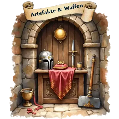 Verschiedene Fabelwesen-Artefakte wie Ritterhelm, goldener Kelch und Kriegshammer in einer steinernen Bogennische.