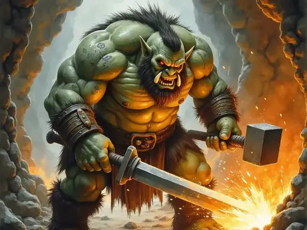 Muskulöser Ork Schmied mit grüner Haut und Hauern schlägt mit einem Hammer auf glühendes Metall auf einem steinernen Amboss.
