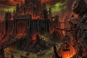 Die dunkle Festung Tartaros ragt aus glühender Lava, umgeben von ewig verdammten Seelen.