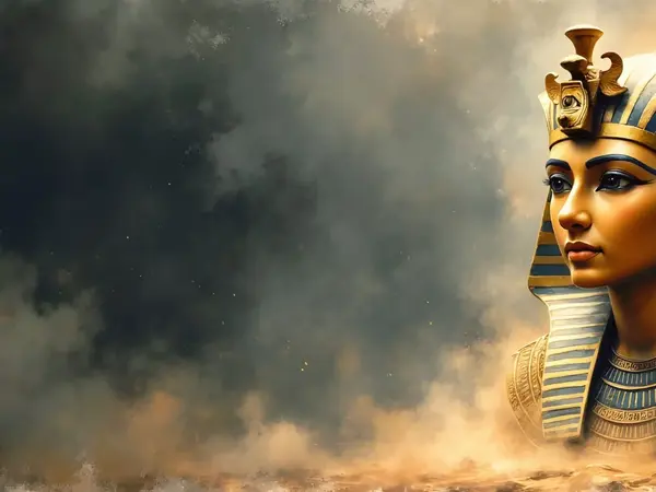 Die goldene Totenmaske eines Pharaos erscheint majestätisch in einem Sandsturm der ägyptischen Mythologie.