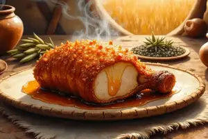 Barometz-Festmahl als dampfender Braten mit goldener Noppenkruste und herabfließender Honigglasur auf einem rustikalen Teller, angerichtet neben Kräutern und Tonkrügen