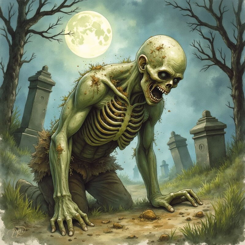 Ein verwesender, grünlicher Zombie mit entblößtem Brustkorb und leeren Augen kriecht auf einem Friedhof aus dem Boden. Im Hintergrund sind Grabsteine und ein großer Vollmond zu sehen.