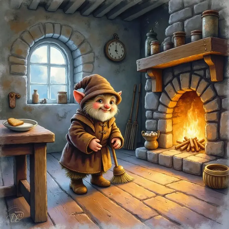 Ein freundliches Brownie mit spitzer Mütze und weissem Bart kehrt den Holzboden einer rustikalen Stube. Im Hintergrund brennt ein wärmendes Feuer in einem Steinkamin.
