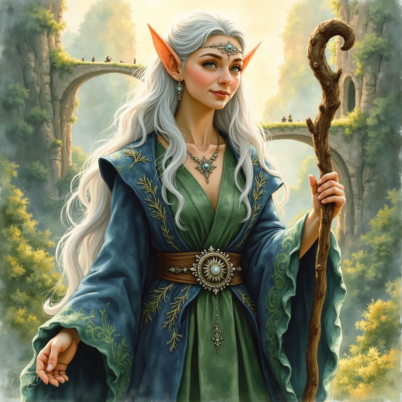 Eine anmutige Elfe mit langen, weissen Haaren und spitzen Ohren steht in einer grünen Landschaft. Sie trägt ein elegantes blau-grünes Gewand sowie edlen Schmuck und hält einen hölzernen Stab, während im Hintergrund eine steinerne Brücke zu sehen ist.