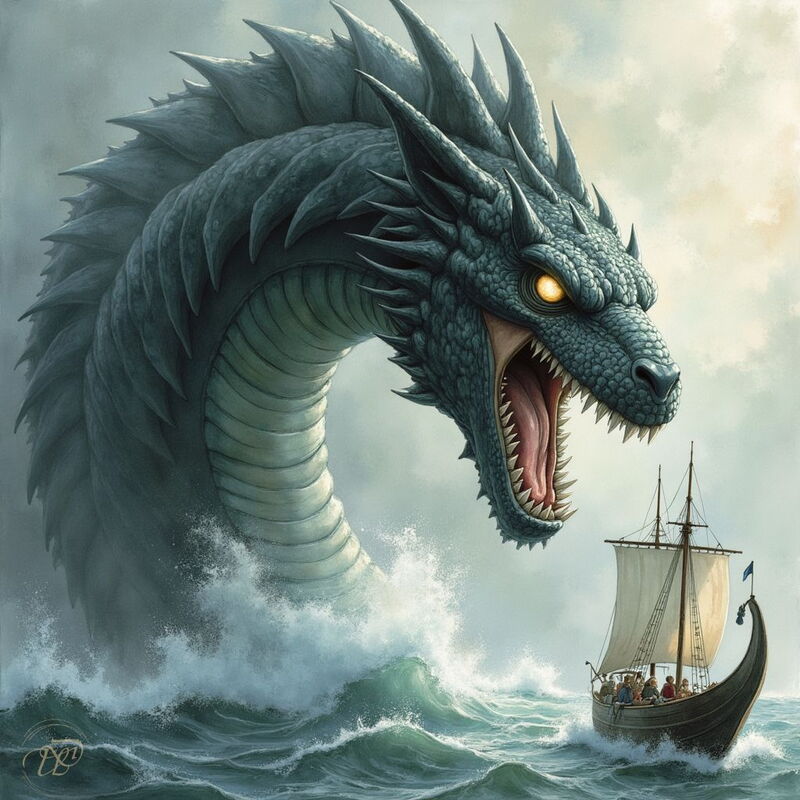 Die gigantische, schuppige Midgardschlange mit leuchtenden Augen und aufgerissenem Maul erhebt sich aus dem stürmischen Meer und droht, ein kleines Wikingerschiff zu verschlingen.