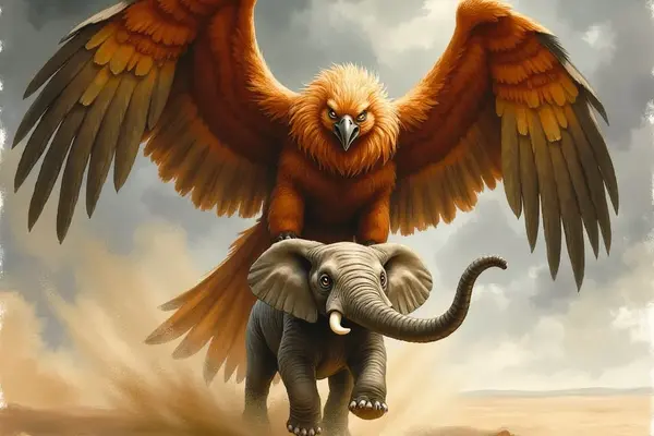 Ein gewaltiger, orange-fedriger Riesenvogel, der Roch, packt mit seinen Krallen einen Elefanten in einer weiten Wüstenlandschaft. Mit weit ausgebreiteten Flügeln und grimmigem Blick thront der Vogel auf seiner Beute, während Sand aufgewirbelt wird.
