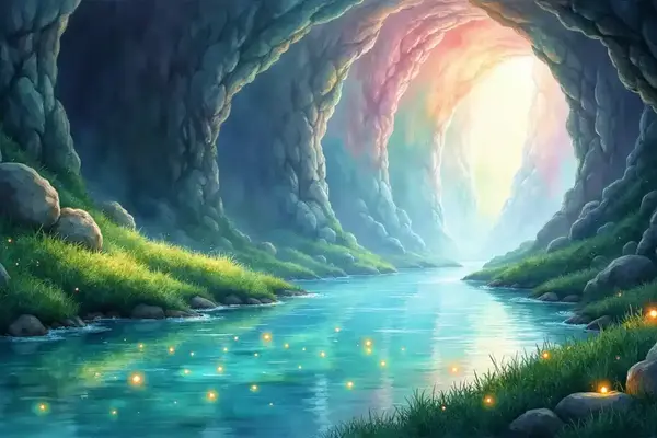 Eine epische Darstellung des leuchtenden Flusses Lethe, aus dem glühende Erinnerungskugeln in einen bunten Nebel aufsteigen.